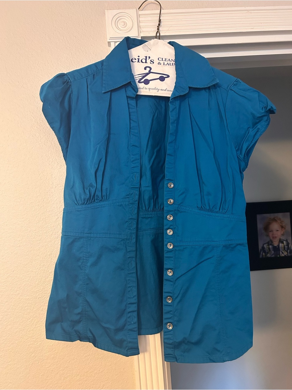 Banana Republic cotton stretch Teal Blue Button-Front Cap Sleeve Blouse size 2